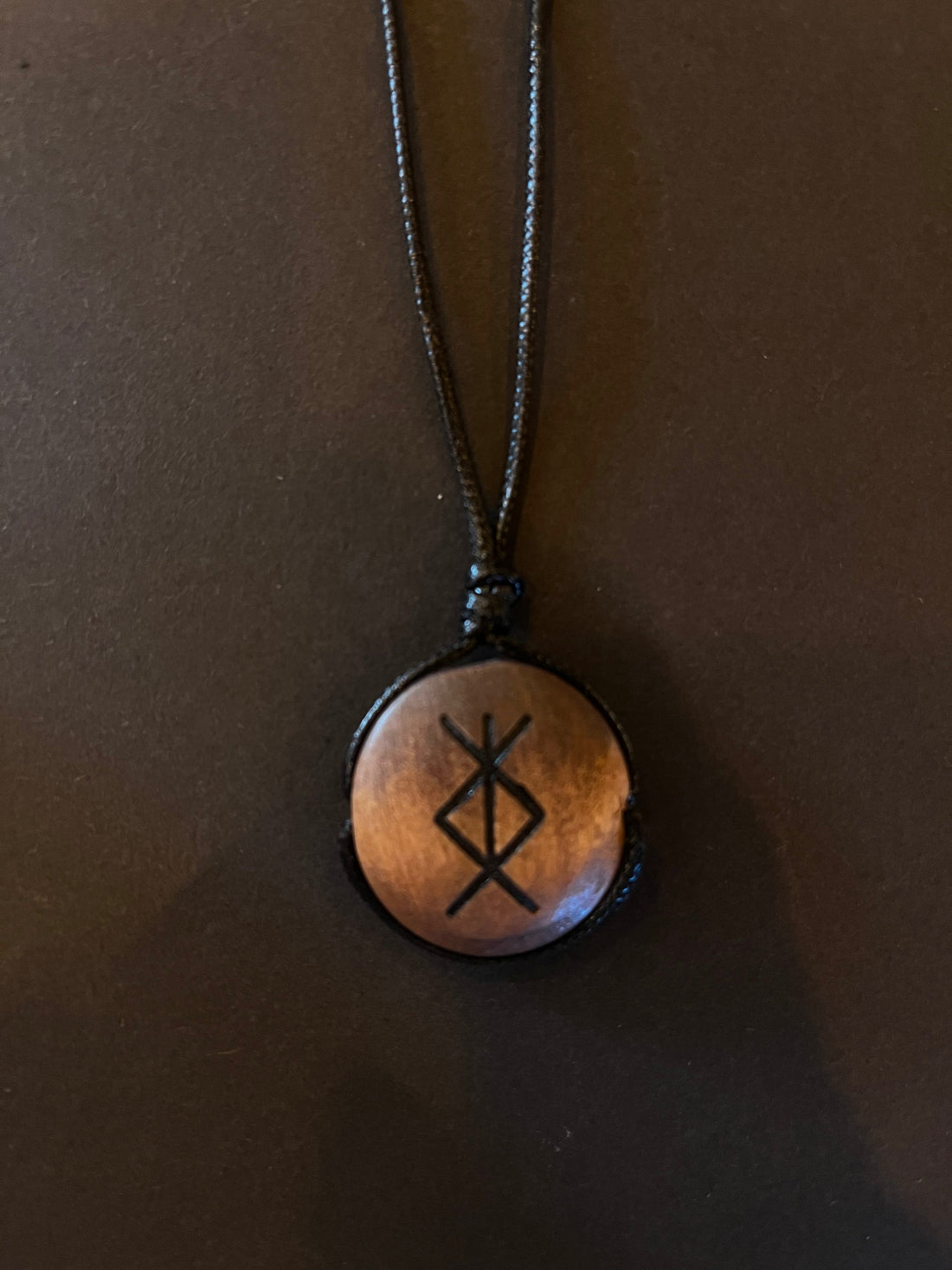 Wooden Necklace With Rune Symbol & Adjustable Leather Band