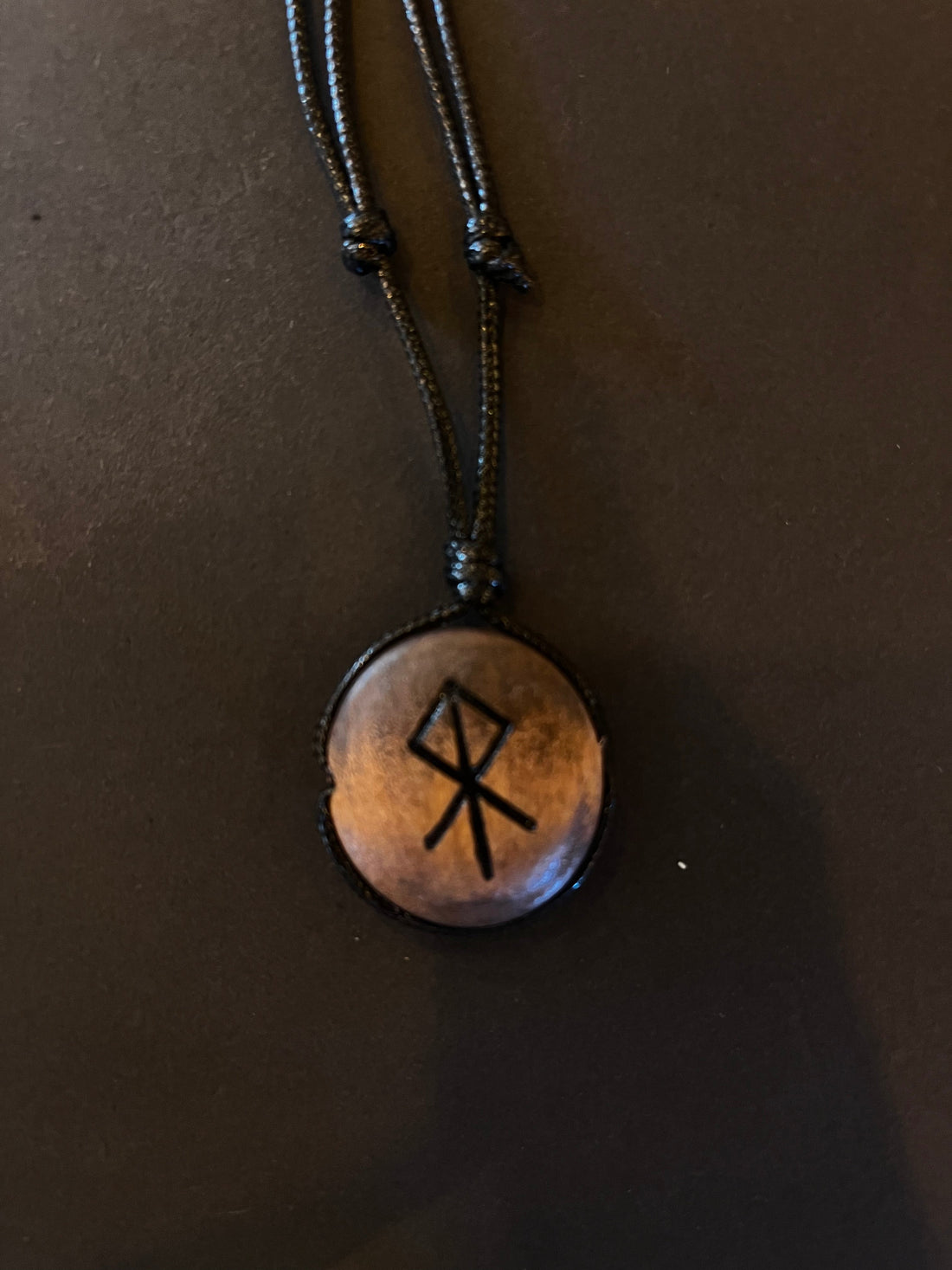 Wooden Necklace With Rune Symbol & Adjustable Leather Band