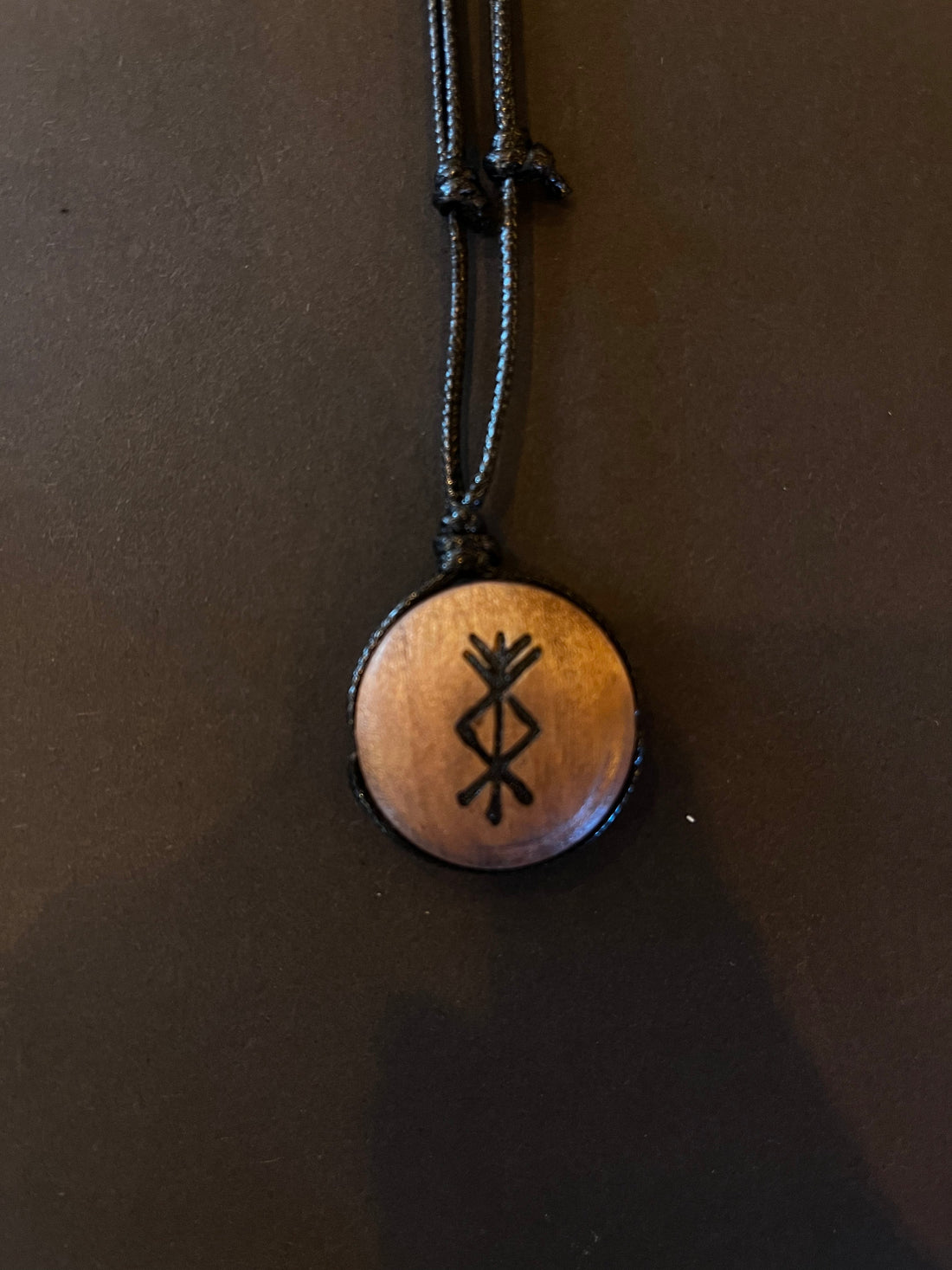 Wooden Necklace With Rune Symbol & Adjustable Leather Band
