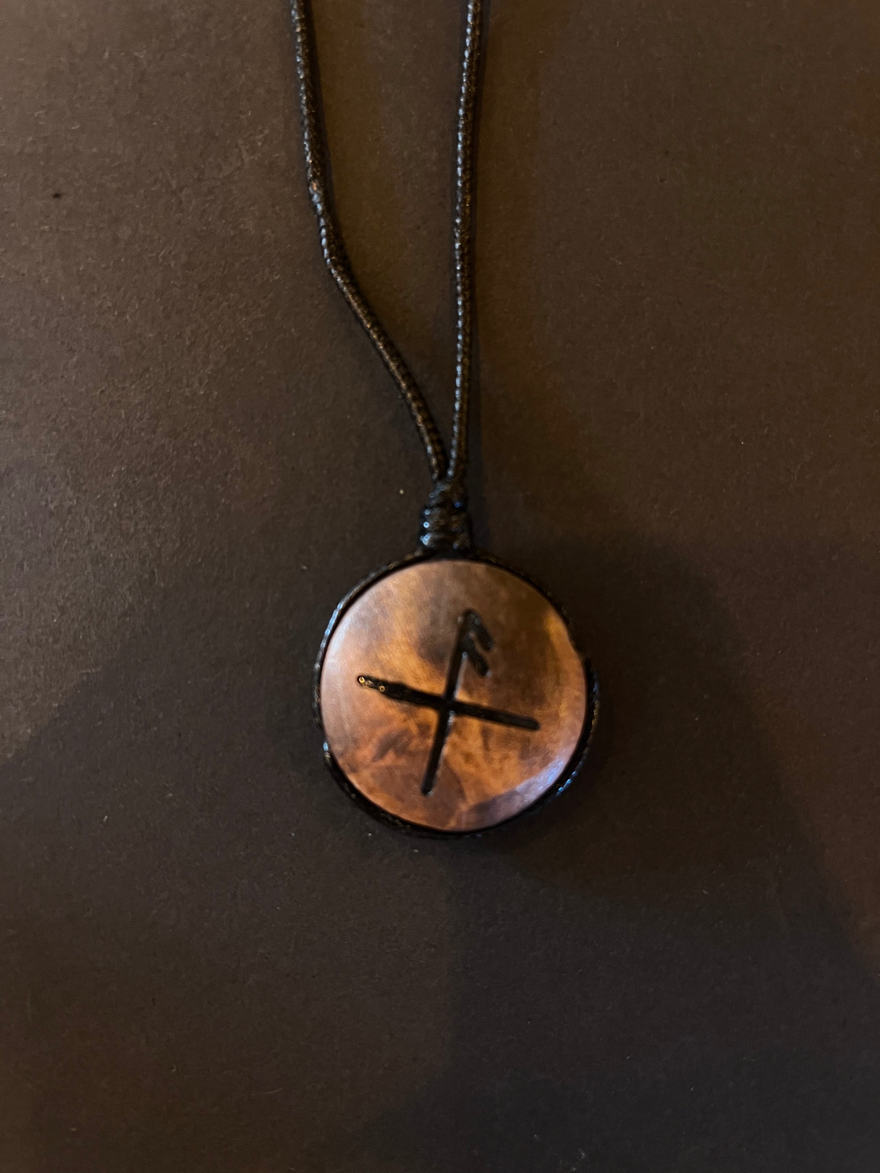 Wooden Necklace With Rune Symbol & Adjustable Leather Band